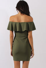 Khaki Bardot Frill Embroidered Dress - Jasmine-Dresses
