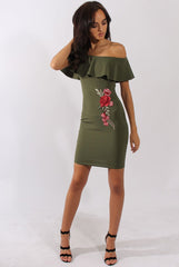 Khaki Bardot Frill Embroidered Dress - Jasmine-Dresses