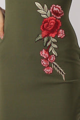 Khaki Bardot Frill Embroidered Dress - Jasmine-Dresses