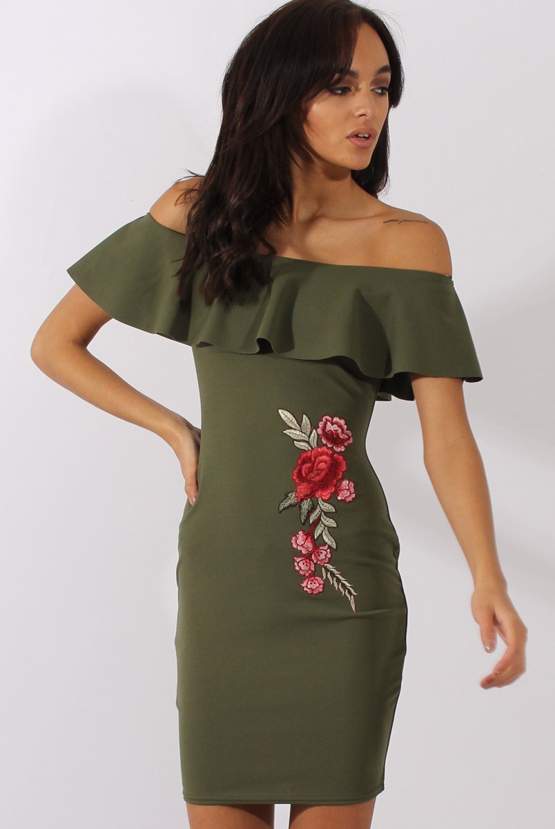 Khaki Bardot Frill Embroidered Dress - Jasmine-Dresses