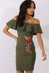 Khaki Bardot Frill Embroidered Dress - Jasmine-Dresses