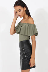 Khaki Bardot Frill Layer Bodysuit - Olga-Bodysuits