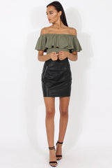 Khaki Bardot Frill Layer Bodysuit - Olga-Bodysuits