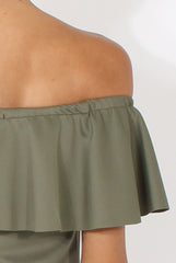 Khaki Bardot Frill Layer Bodysuit - Olga-Bodysuits