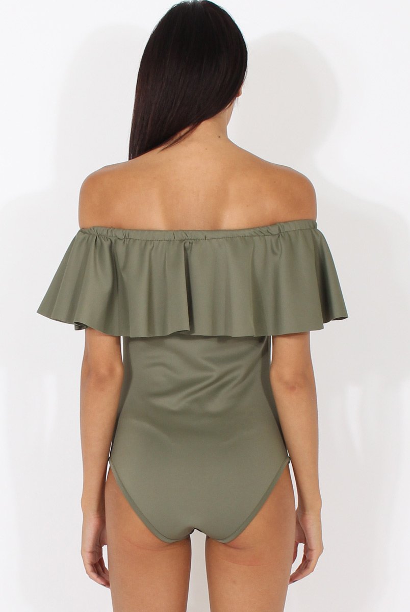 Khaki Bardot Frill Layer Bodysuit - Olga-Bodysuits