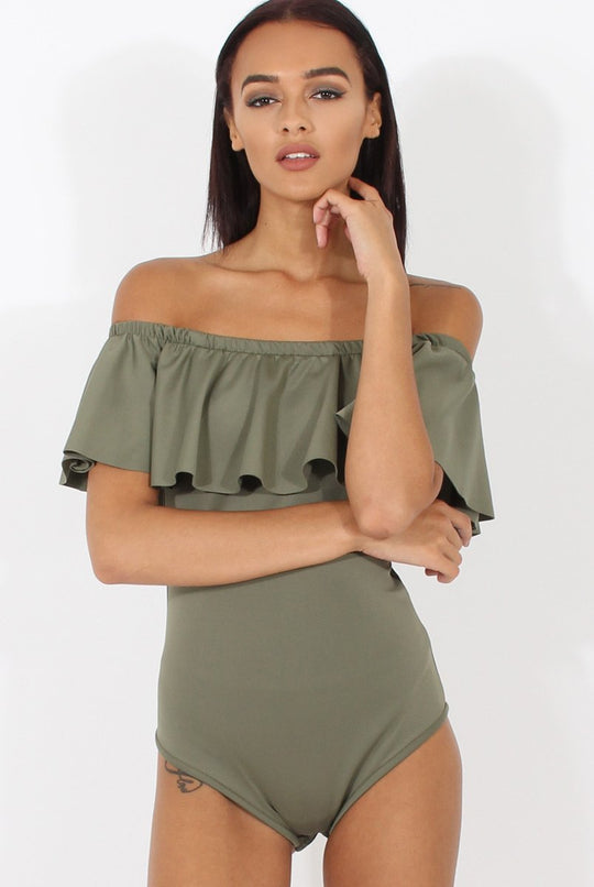 Khaki Bardot Frill Layer Bodysuit - Olga