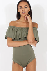 Khaki Bardot Frill Layer Bodysuit - Olga-Bodysuits