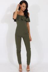 Khaki Bardot Frill Layer Jumpsuit - Anastasia-Jumpsuits