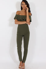 Khaki Bardot Frill Layer Jumpsuit - Anastasia-Jumpsuits