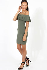 Khaki Bardot Frill Midi Dress - Lily-Dresses