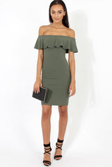 Khaki Bardot Frill Midi Dress - Lily-Dresses