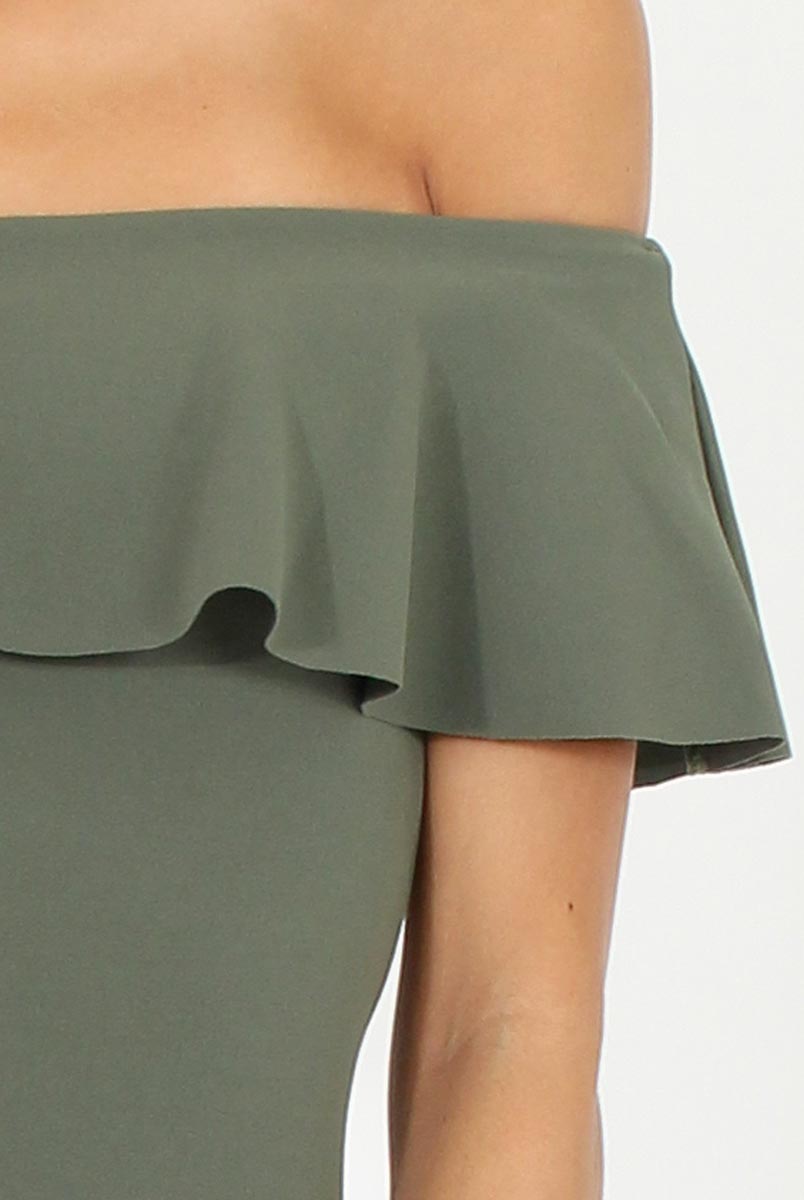 Khaki Bardot Frill Midi Dress - Lily-Dresses