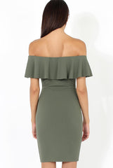 Khaki Bardot Frill Midi Dress - Lily-Dresses