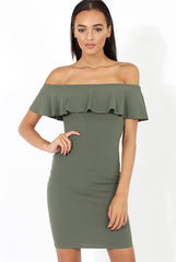 Khaki Bardot Frill Midi Dress - Lily-Dresses