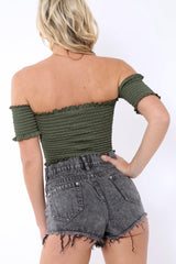 Khaki Bardot Frill Shirred Crop Top - Kailah-Crop Tops
