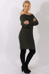 Khaki Bardot Heavy Knit Jumper Dress - Suzy-Jumper