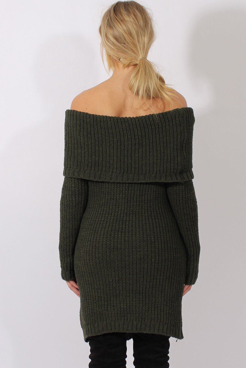 Khaki Bardot Heavy Knit Jumper Dress - Suzy-Jumper