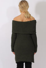 Khaki Bardot Heavy Knit Jumper Dress - Suzy-Jumper