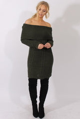 Khaki Bardot Heavy Knit Jumper Dress - Suzy-Jumper
