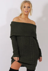 Khaki Bardot Heavy Knit Jumper Dress - Suzy-Jumper