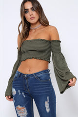 Khaki Bardot Shirred Crop Top with Flared Sleeves - Shera-Crop Tops