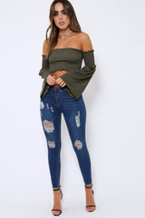 Khaki Bardot Shirred Crop Top with Flared Sleeves - Shera-Crop Tops