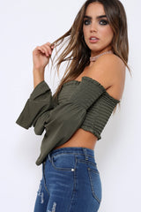 Khaki Bardot Shirred Crop Top with Flared Sleeves - Shera-Crop Tops