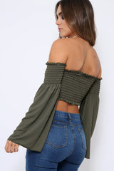 Khaki Bardot Shirred Crop Top with Flared Sleeves - Shera-Crop Tops