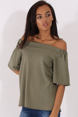 Khaki Bardot Split Back Top - Aurora-Tops
