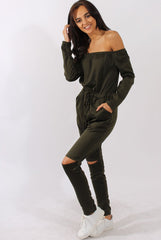 Khaki Bardot Split Knee Jumpsuit - Coran-Jumpsuits