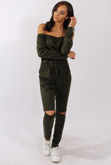 Khaki Bardot Split Knee Jumpsuit - Coran-Jumpsuits