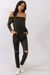 Khaki Bardot Split Knee Jumpsuit - Coran-Jumpsuits