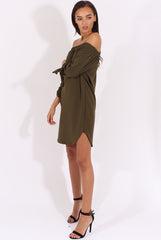 Khaki Bardot Tie Cuffs Dress - Whitney-Dresses