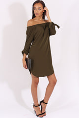 Khaki Bardot Tie Cuffs Dress - Whitney-Dresses