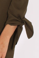 Khaki Bardot Tie Cuffs Dress - Whitney-Dresses