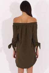 Khaki Bardot Tie Cuffs Dress - Whitney-Dresses