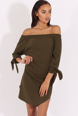 Khaki Bardot Tie Cuffs Dress - Whitney-Dresses