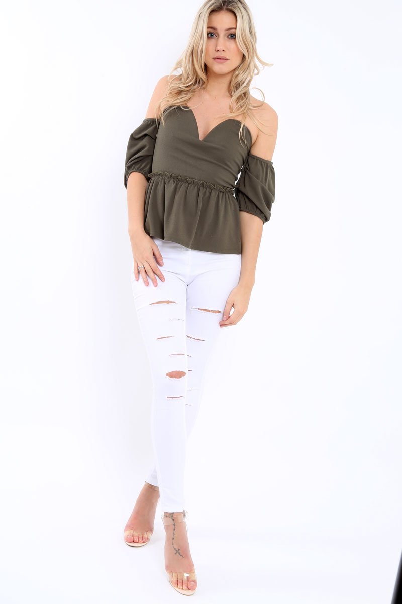 Khaki Bardot V Plunge Ruffle Hem Top - Norah-Tops