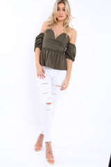 Khaki Bardot V Plunge Ruffle Hem Top - Norah-Tops