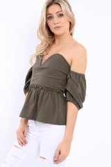 Khaki Bardot V Plunge Ruffle Hem Top - Norah-Tops