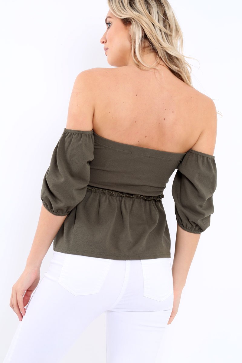 Khaki Bardot V Plunge Ruffle Hem Top - Norah-Tops
