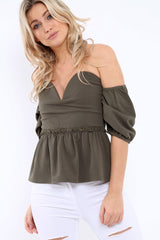 Khaki Bardot V Plunge Ruffle Hem Top - Norah-Tops