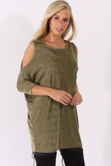 Khaki Batwing Cold Shoulder Oversized Top - Carly-Tops