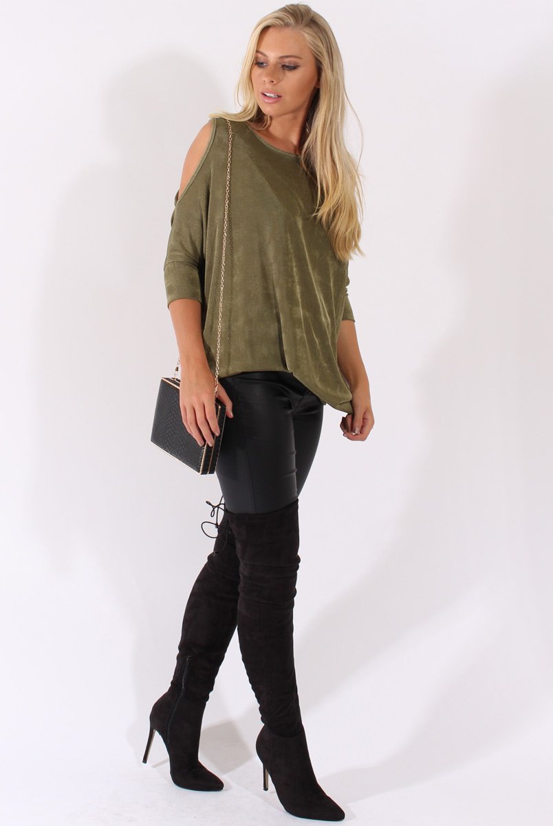 Khaki Batwing Cold Shoulder Oversized Top - Carly-Tops