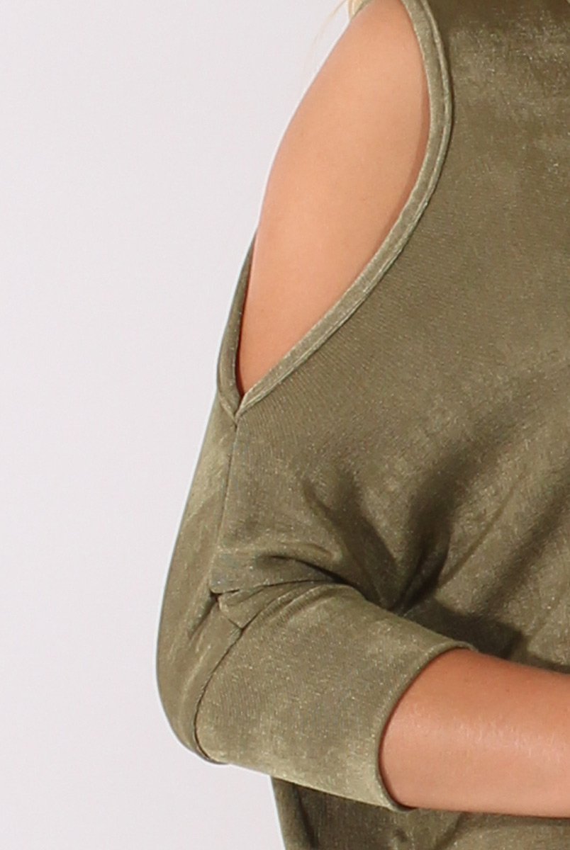 Khaki Batwing Cold Shoulder Oversized Top - Carly-Tops