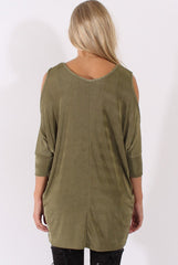 Khaki Batwing Cold Shoulder Oversized Top - Carly-Tops