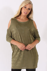 Khaki Batwing Cold Shoulder Oversized Top - Carly-Tops