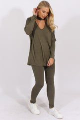 Khaki Batwing High Neck Cut Out Tracksuit - Hetty-Tracksuits