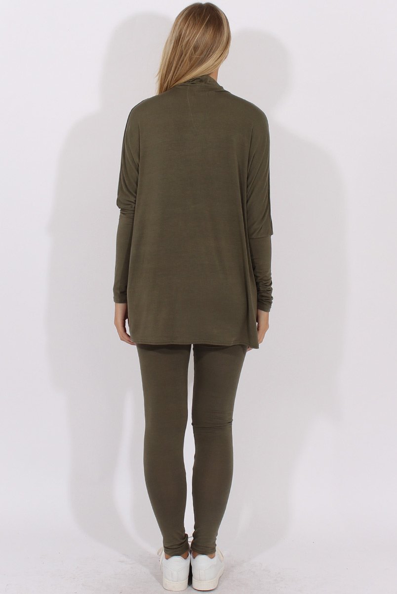 Khaki Batwing High Neck Cut Out Tracksuit - Hetty-Tracksuits