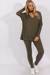 Khaki Batwing High Neck Cut Out Tracksuit - Hetty-Tracksuits